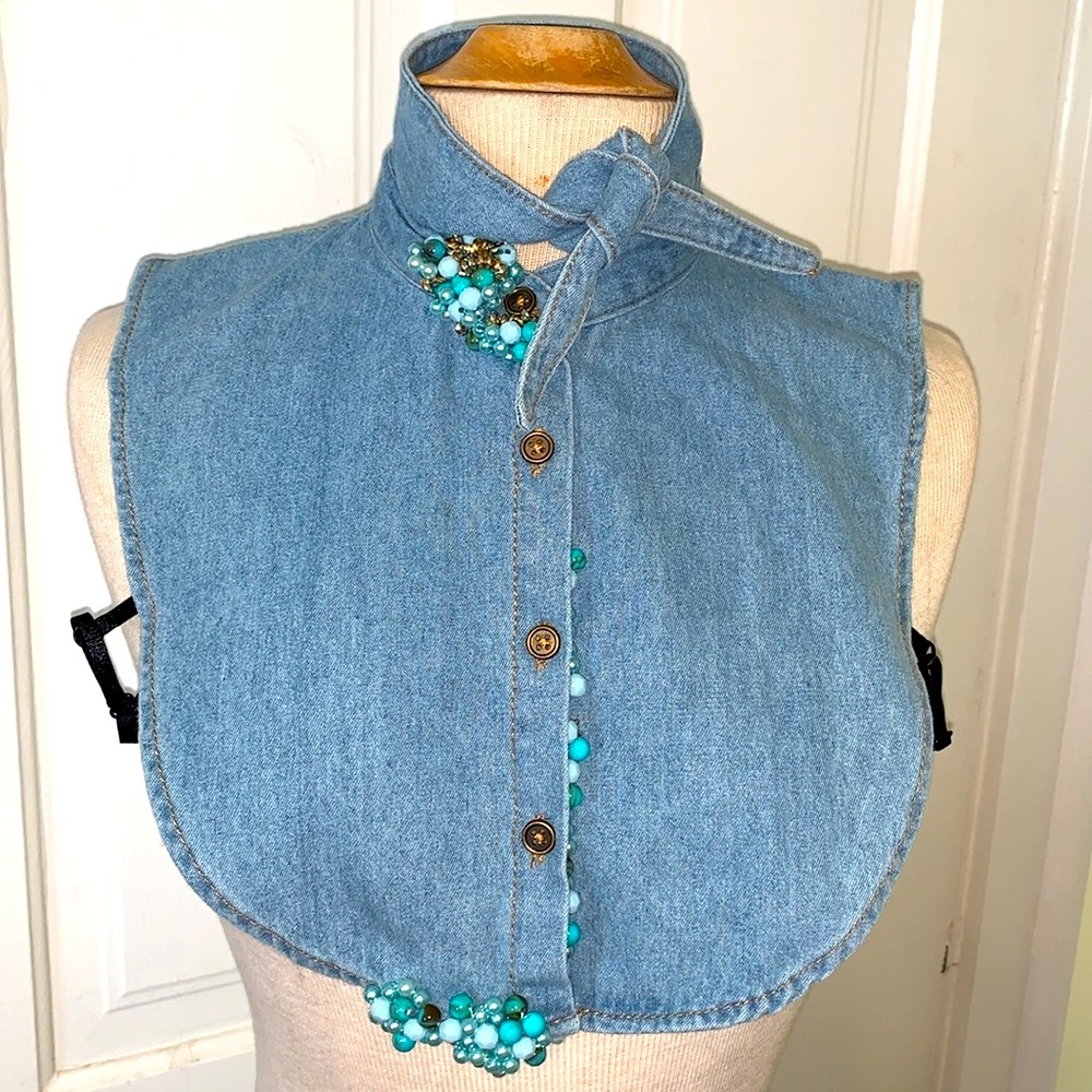 Jewel Collar Embellished Blue Denim Dickie with Underarm Straps Fake Collar